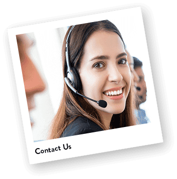 words "contact us" shows women wearing a headset with a microphone smiling.