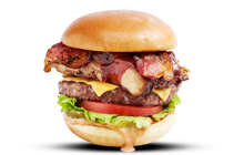Hamburger consists of Cheddar Cheese, BBQ Aioli, Pickles, Lettuce and Tomato, Peppered Bacon, BBQ Rib Meat.