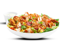 Chicken Salad, bbq sauce, bacon, tomatoes, corn cheddar, dressing